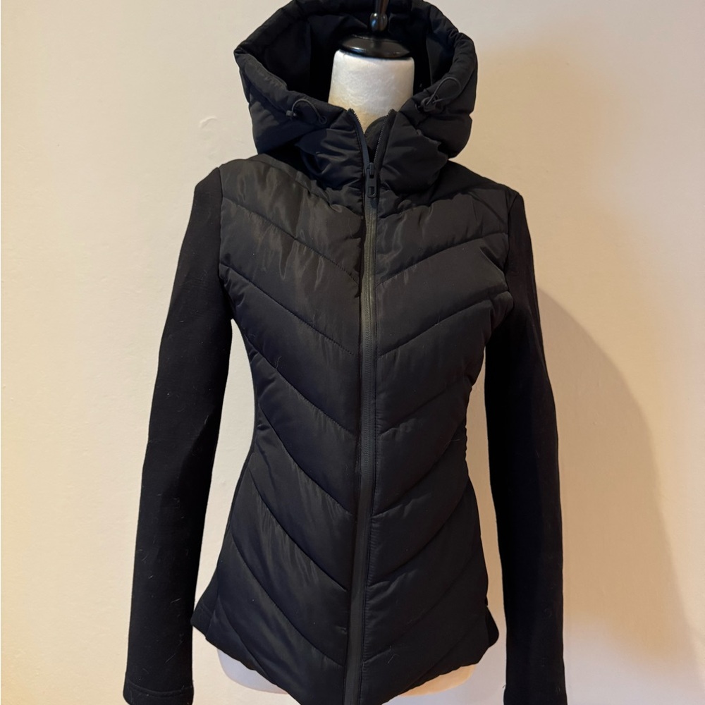 Black Puffer Jacket with Quilted Chevron Design and Hood